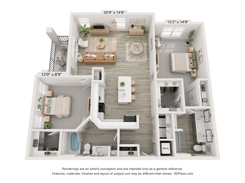 Floor plan for 2 beds, 2 baths, 1363 sqft